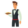 Waiter smiling holding dish ready serve customers excellent service restaurant hospitality