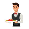Waiter smiling holding dish ready serve customers excellent service restaurant hospitality