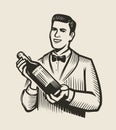 Waiter or sommelier with a bottle of wine. Restaurant vector illustration