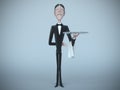 Waiter in tail-coat holding empty tray and napkin. 3d rendering