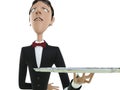 Waiter in tail-coat holding empty tray and napkin. 3d rendering