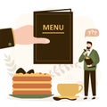 Waiter taking order from client. Hand holds cafe menu. Visitor ordering piece of cake and cup of coffee