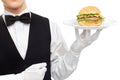 Waiter torso with hamburger on plate Royalty Free Stock Photo