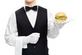 Waiter torso with hamburger on plate Royalty Free Stock Photo