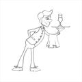 Waiter with towel holds the order with one hand. Black and white illustration. Coloring