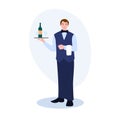 Waiter With Tray A Bottle Of Wine And Glasses  illustration from professions collection. Flat cartoon illustration isolated Royalty Free Stock Photo