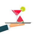 Waiter with tray, cocktail drink glass vector illustration with ice and watermelon slice isolated on white flat cartoon Royalty Free Stock Photo