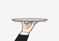 Waiter tray with hand isolated on white background. Man hand with blank tray.