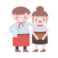 Waiter and waitress with apron and menu cartoon character