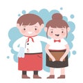 Waiter and waitress with apron and menu cartoon character