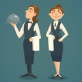 Waiter and waitress character design, vector cartoon illustration