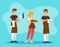 Waiters and waitress are holding trays of food and drinks. Restaurant or cafe team. Royalty Free Stock Photo