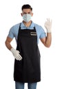 Waiter wearing medical face mask on white background