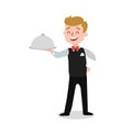 Waiter wearing the uniform holding a dish of chicken cartoon character. Set of fun flat cartoon person. Isolated on