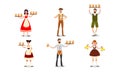 Waiters in bright costumes serving beer drinks vector illustration