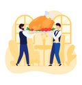 Waiters serve large roasted turkey on platter, festive dinner concept. Holiday feast illustration with serving staff Royalty Free Stock Photo
