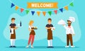 Waiters, waitress and shef cook greet guests of a cafe. Above them are a flags and message WELCOME Royalty Free Stock Photo