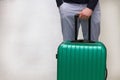 Waiting in the airport.Suitcases in airport departure lounge, airplane in background, summer vacation concept, traveler suitcases Royalty Free Stock Photo