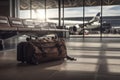 In the waiting area of an airport terminal, there is a single piece of luggage with an airplane in the background. AI