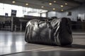 In the waiting area of an airport terminal, there is a single piece of luggage with an airplane in the background. AI