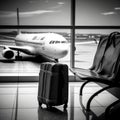 In the waiting area of an airport terminal, there is a single piece of luggage with an airplane in the background. AI