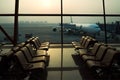 Waiting area with chairs in international airport terminal with behind a window aircraft flight preparation - fueling, catering, Royalty Free Stock Photo