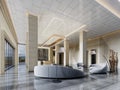 Waiting area in the foyer with a semicircular gray sofa and armchairs with a curved floor lamp in the interior with yellow marble