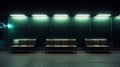 Waiting area at the metro or bus station. Three empty benches under the dim green light. Generative AI