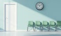 Waiting area in a modern hospital, complete with a door and chairs, created using 3D rendering techniques Royalty Free Stock Photo