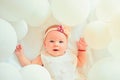 Waiting for a baby. Small girl. Happy birthday. Portrait of happy little child in white balloons. Sweet little baby. New