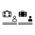 Waiting for baggage line and glyph icon. Man and luggage vector illustration isolated on white. Person and suitcase