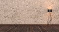 Waiting brick wall, old parquet floor room with floor lamp,3d Rendering Royalty Free Stock Photo