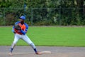 Waiting for the catcher`s throw on 2nd while runner tried to steal a base Royalty Free Stock Photo