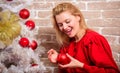 Waiting for christmas. Woman happy relaxing near christmas tree. Things you must do before holiday celebration start