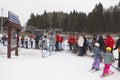 Waiting lift queue people in ski resort