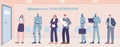 Waiting line employees, queue to job interview. Cyborg robot and human, technology progress on business work. Robots vs Royalty Free Stock Photo