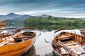 Rowboats Waiting for Passengers on Derwentwater in Keswick in the Lake District of England. Royalty Free Stock Photo