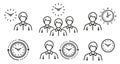 Waiting time, business person and clock, office work hour schedule, line icon set. Circle watch, customer service period. Vector Royalty Free Stock Photo