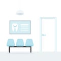 Waiting room. Dentist. Three blue empty chairs. A poster on the wall. Ceiling light. Linear door. Medical appointment. Vector