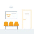 Waiting room. Veterinary. Three orange empty chairs. A poster on the wall. Ceiling light. Linear door. Appointment. Vector Royalty Free Stock Photo
