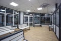 waiting room with wooden benches at a train station Royalty Free Stock Photo