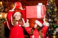 Waiting for Santa claus. Have fun. Children join christmas carnival party. Be Jolly and make good cheer for Christmas Royalty Free Stock Photo
