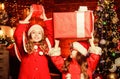 Waiting for Santa claus. Have fun. Children join christmas carnival party. Be Jolly and make good cheer for Christmas Royalty Free Stock Photo