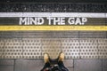 Subway train at the station from the platform seeing the Mind the Gap letters