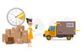 Waiting for truck, cargo transportation, time on clock vector illustration. Customer girl talking with company manager