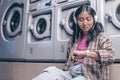 Waiting woman with headphones Royalty Free Stock Photo