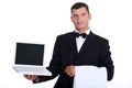 Waitor holding laptop Royalty Free Stock Photo