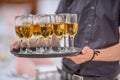 Waitor holding a serving tray full of drinks in champagne glasses Royalty Free Stock Photo