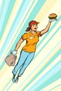 Waitress Burger fast food delivery flying superhero help