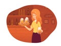 Waitress carrying beer mugs in pub vector illustration